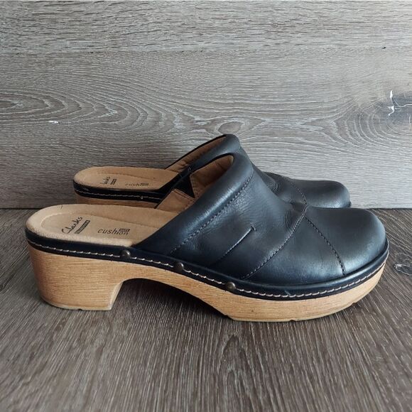 Clarks | Black Preslet Sheen Leather Clog Size 10 - Picture 1 of 10